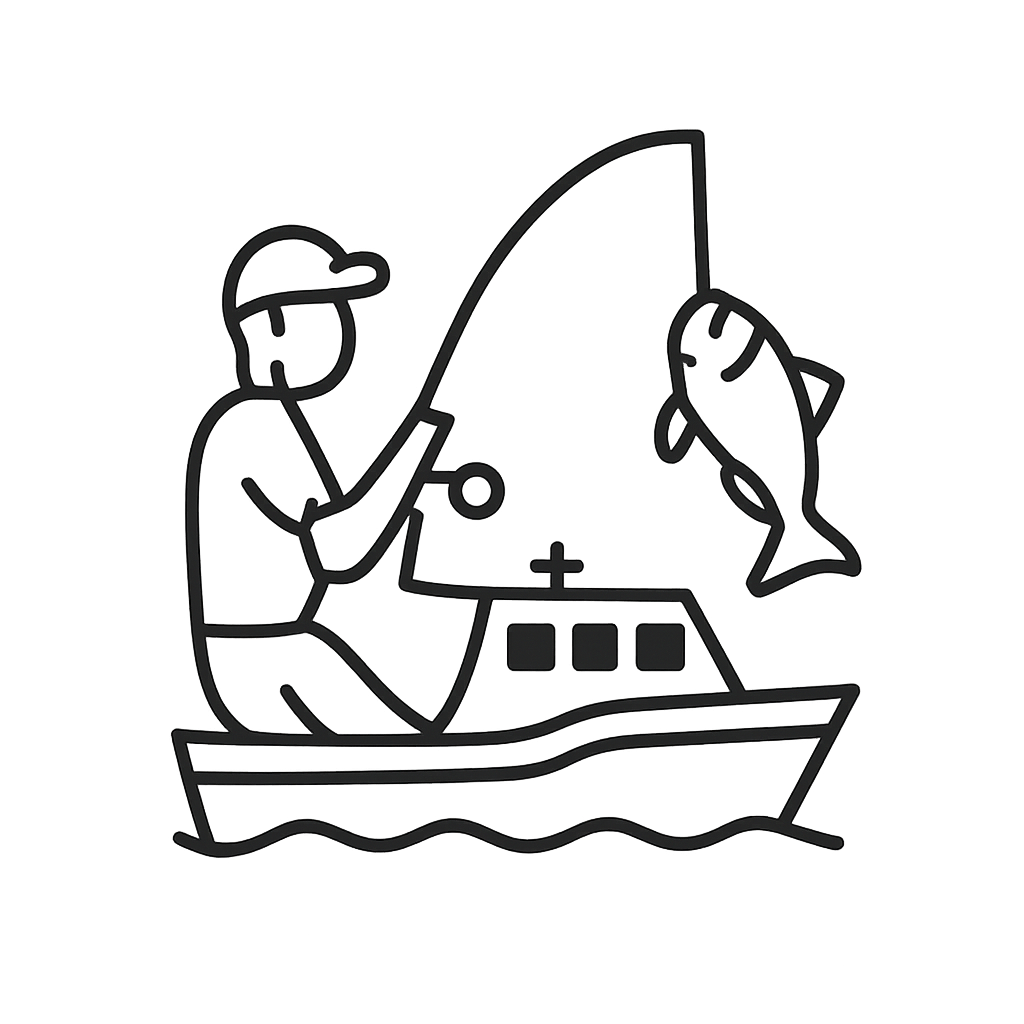 A line drawing of a person fishing in a boat, in front of a clear background.
